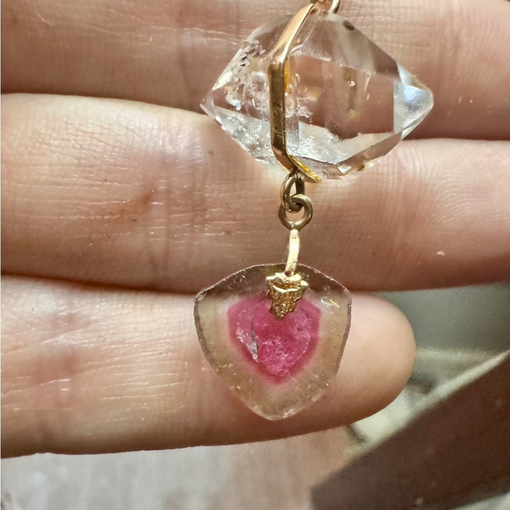 Rare solid 14k gold genuine watermelon tourmaline/herkimer diamond necklace$1890 - Picture 8 of 14